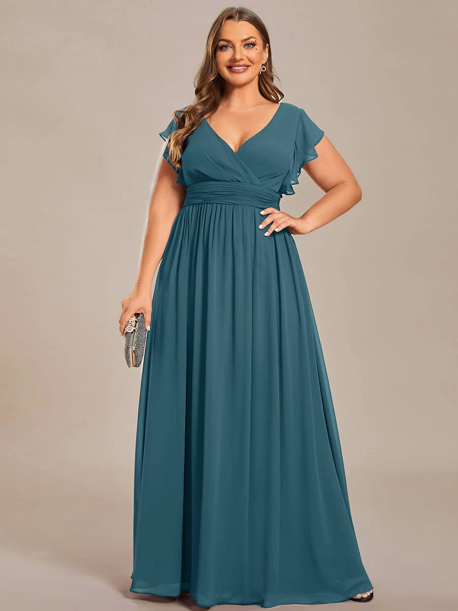 Back Cutout A-Line Pleated Ruffles Sleeve Chiffon Bridesmaid Dress #color_Teal