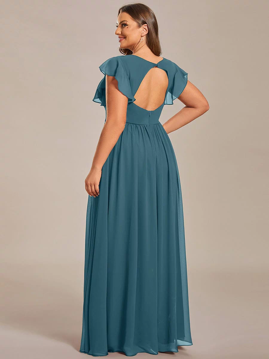 Back Cutout A-Line Pleated Ruffles Sleeve Chiffon Bridesmaid Dress #color_Teal