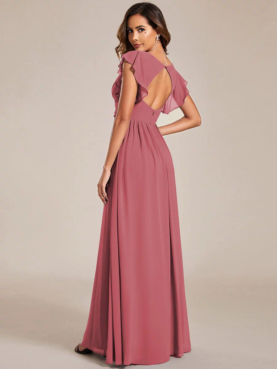 Back Cutout A-Line Pleated Ruffles Sleeve Chiffon Bridesmaid Dress #color_Cameo Brown