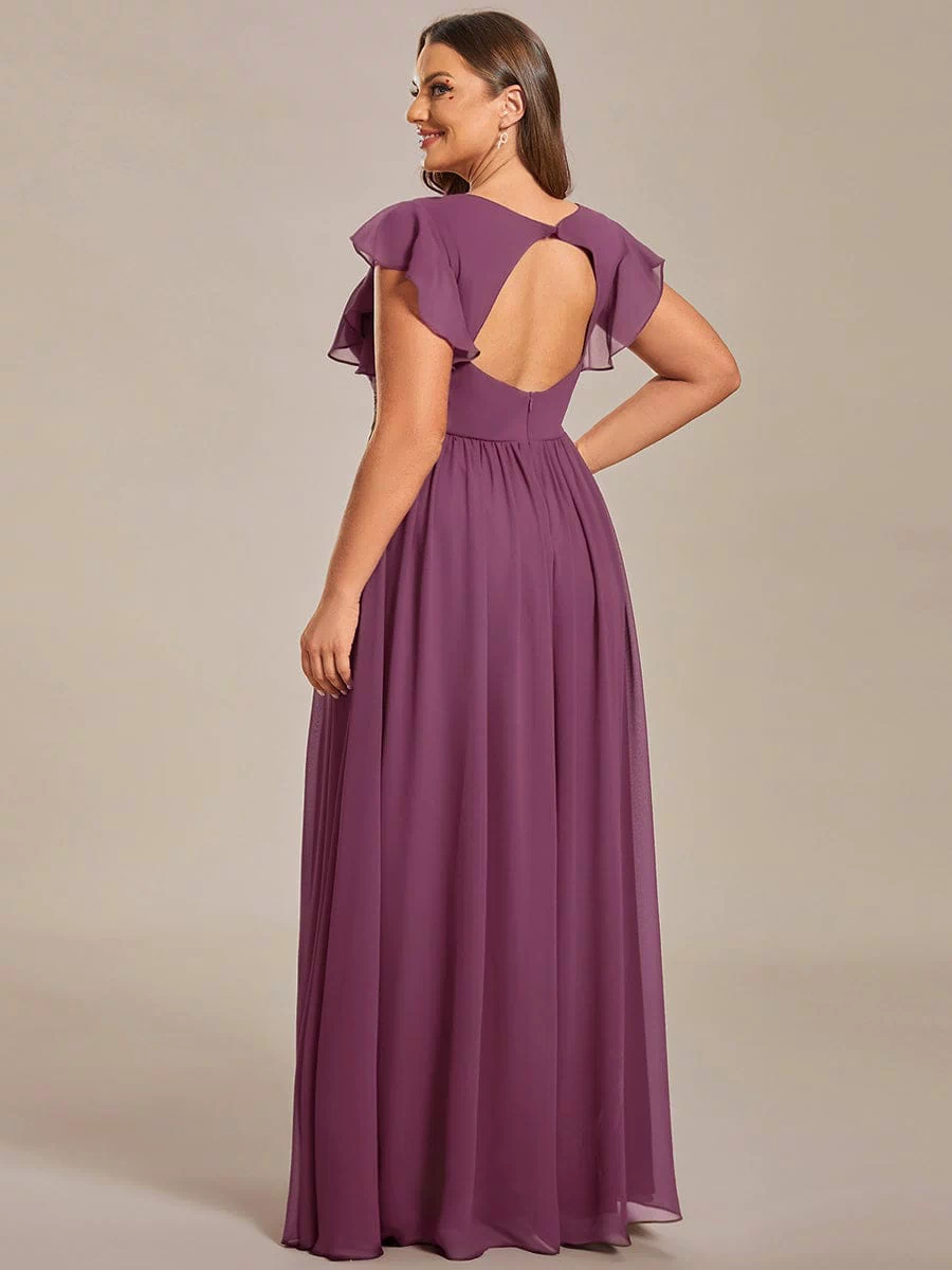 Back Cutout A-Line Pleated Ruffles Sleeve Chiffon Bridesmaid Dress #color_Damson