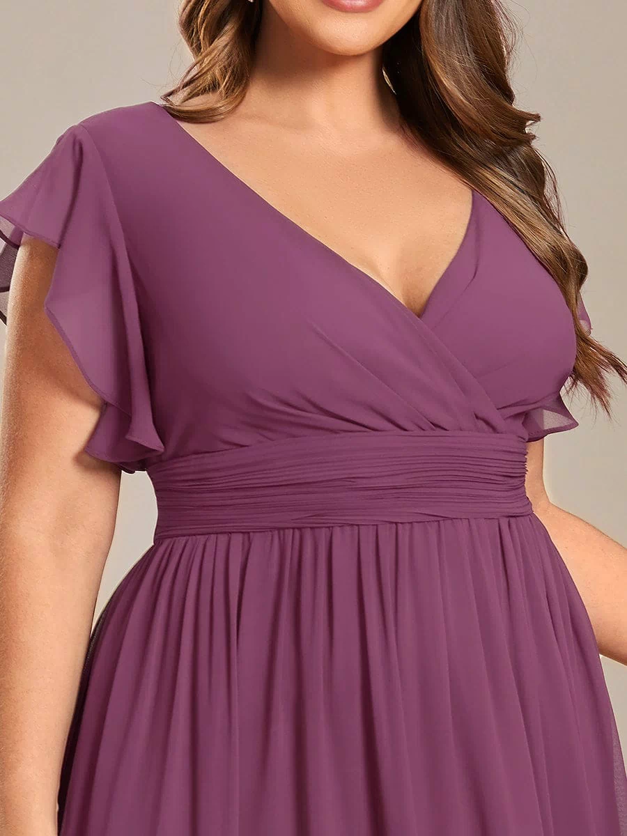 Back Cutout A-Line Pleated Ruffles Sleeve Chiffon Bridesmaid Dress #color_Damson