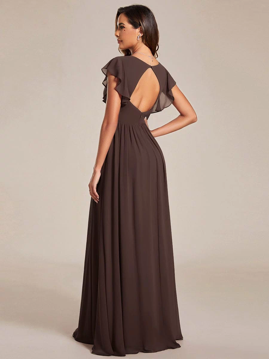 Back Cutout A-Line Pleated Ruffles Sleeve Chiffon Bridesmaid Dress #color_Espresso