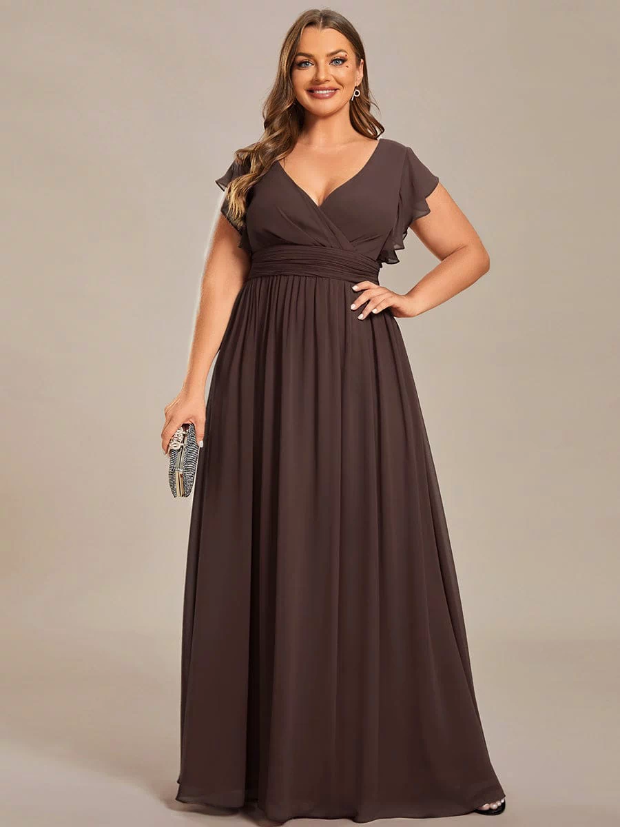Back Cutout A-Line Pleated Ruffles Sleeve Chiffon Bridesmaid Dress #color_Espresso