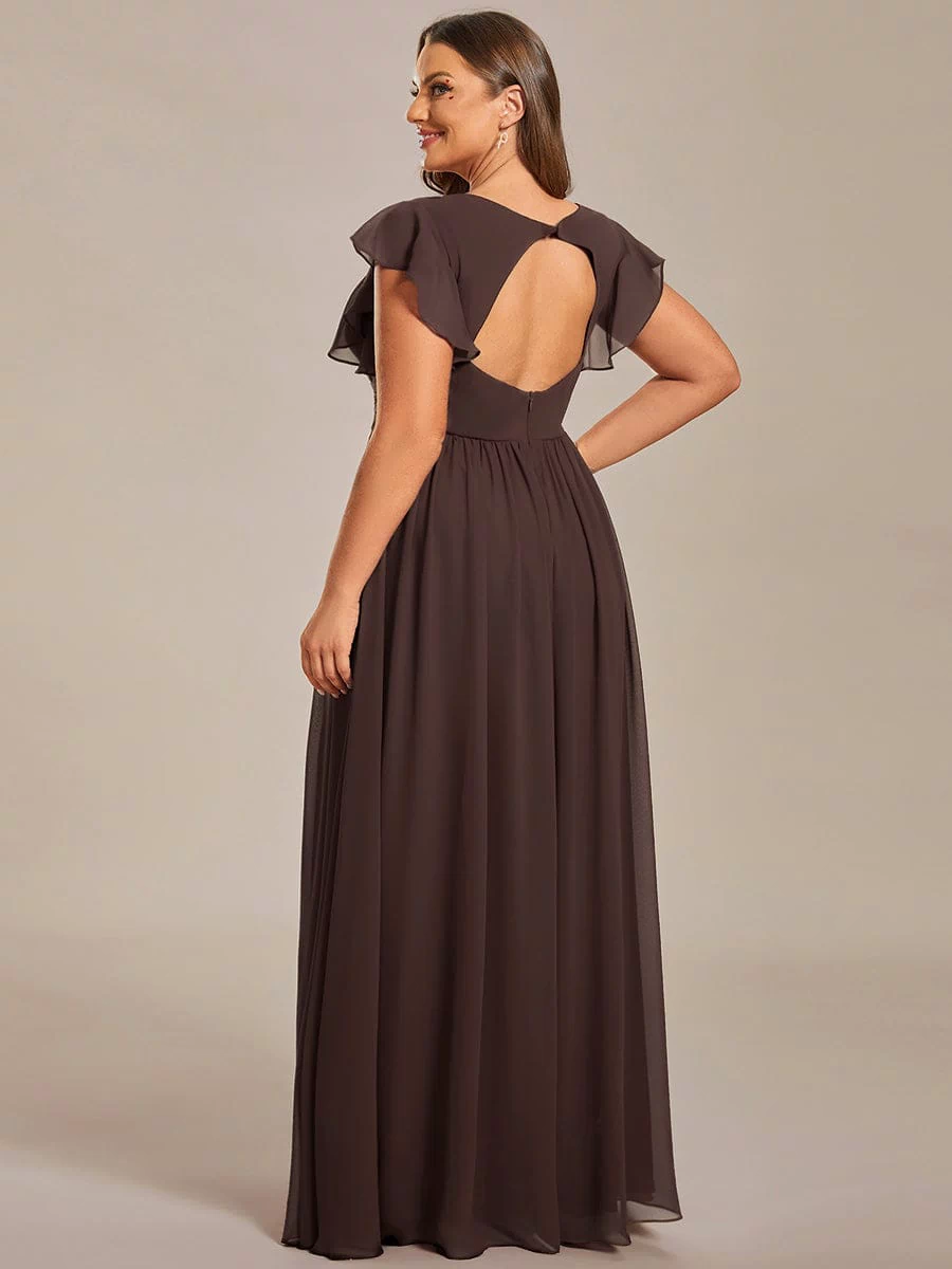 Back Cutout A-Line Pleated Ruffles Sleeve Chiffon Bridesmaid Dress #color_Espresso