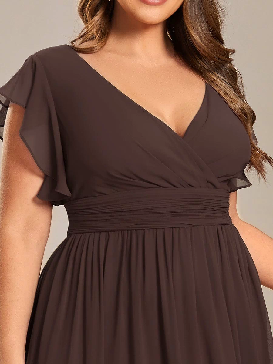 Back Cutout A-Line Pleated Ruffles Sleeve Chiffon Bridesmaid Dress #color_Espresso
