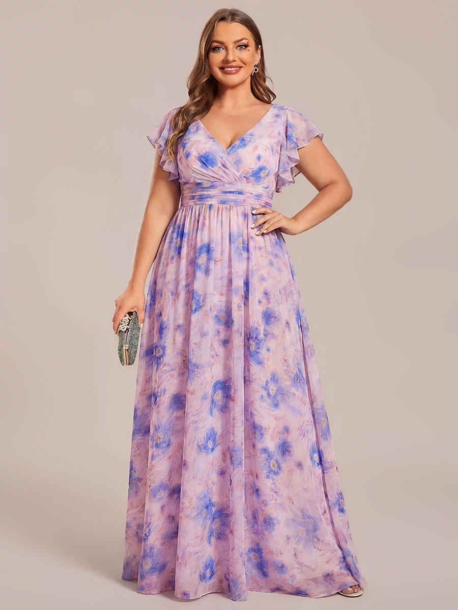 Pleated Chiffon Ruffle Sleeve Bridesmaid Dress #color_Azure Bream