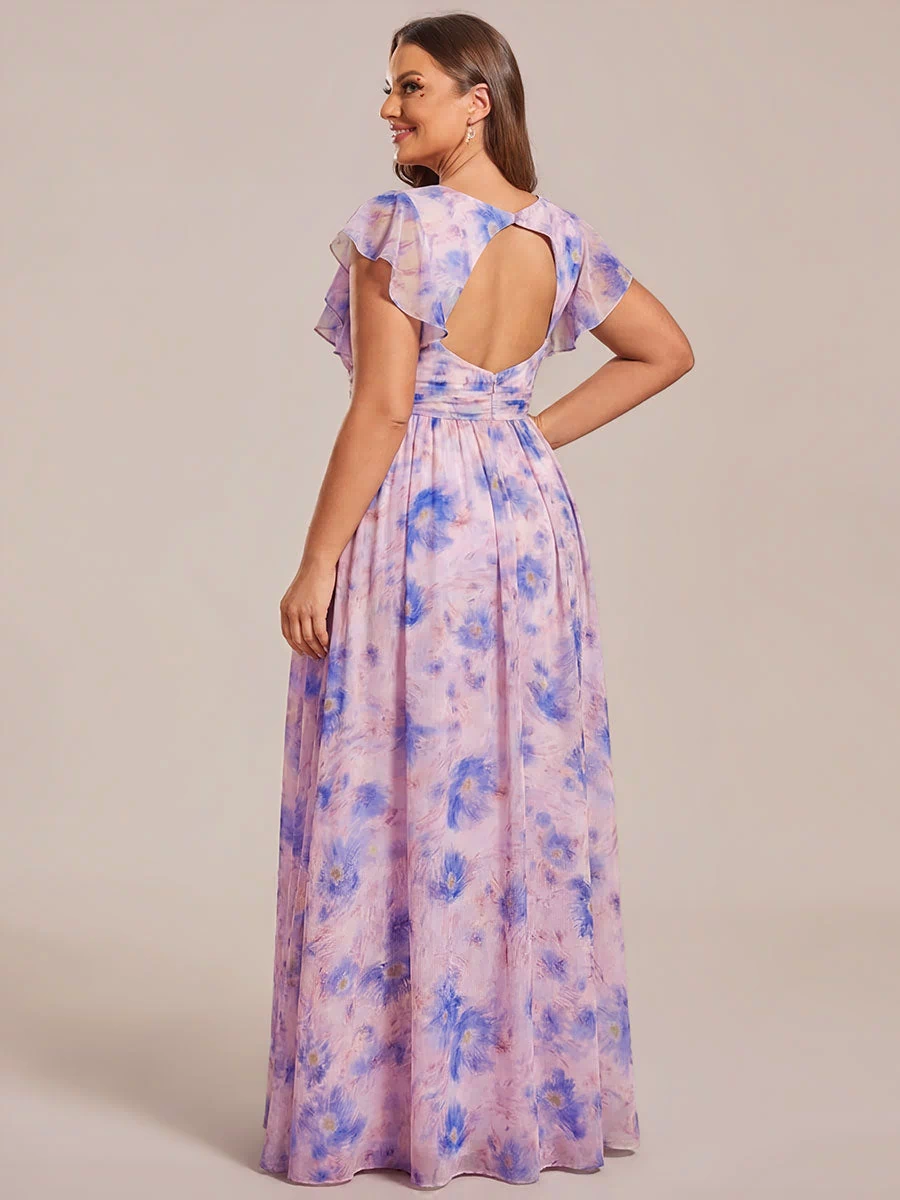 Pleated Chiffon Ruffle Sleeve Bridesmaid Dress #color_Azure Bream