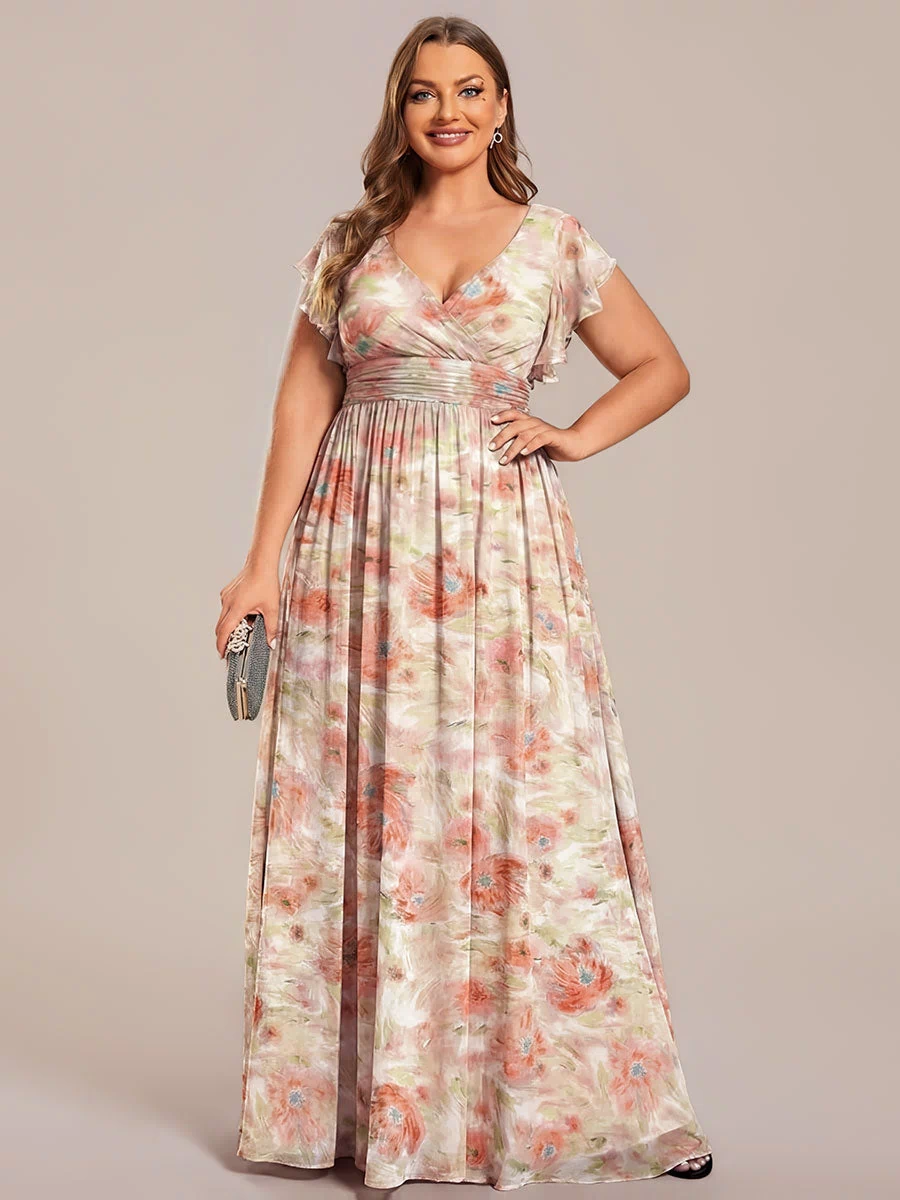 Pleated Chiffon Ruffle Sleeve Bridesmaid Dress #color_Rosewood Mist