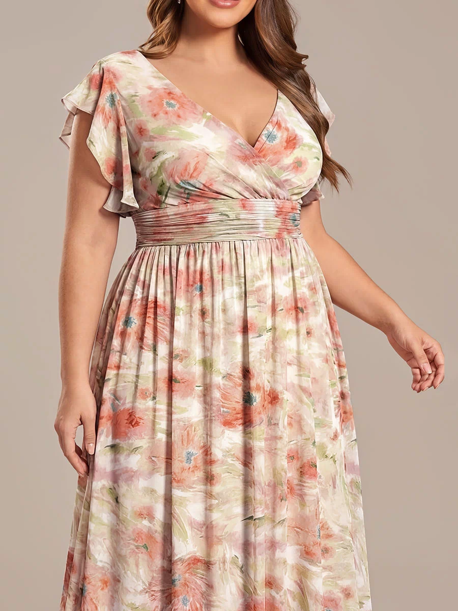 Pleated Chiffon Ruffle Sleeve Bridesmaid Dress #color_Rosewood Mist