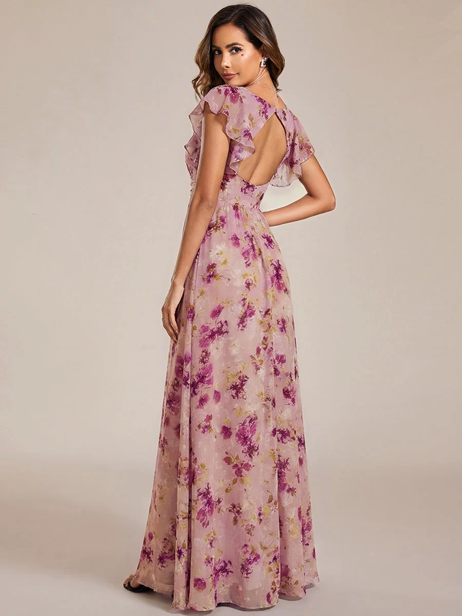 Back Cutout A-Line Pleated Ruffles Sleeve Chiffon Bridesmaid Dress #color_Light Purple Print