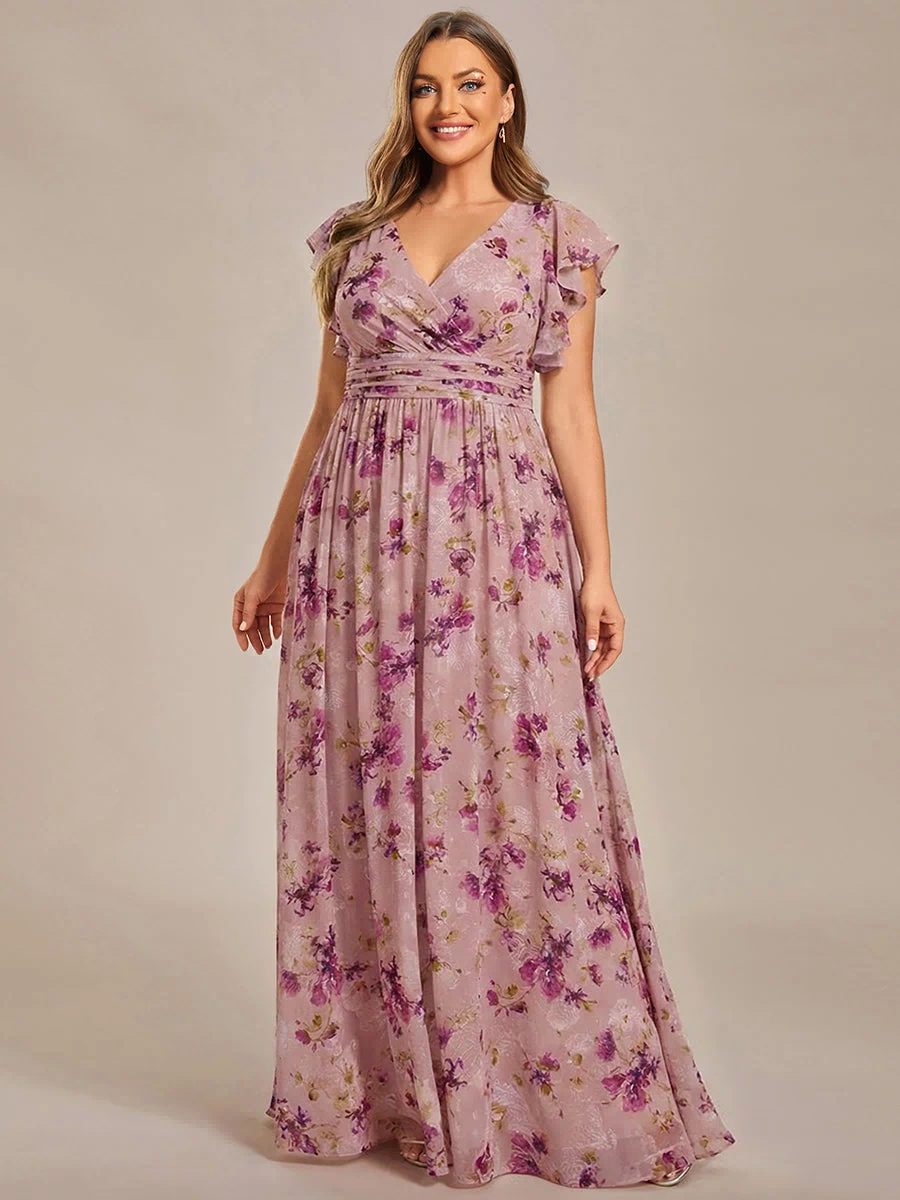 Back Cutout A-Line Pleated Ruffles Sleeve Chiffon Bridesmaid Dress #color_Light Purple Print