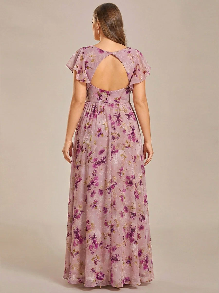 Back Cutout A-Line Pleated Ruffles Sleeve Chiffon Bridesmaid Dress #color_Light Purple Print