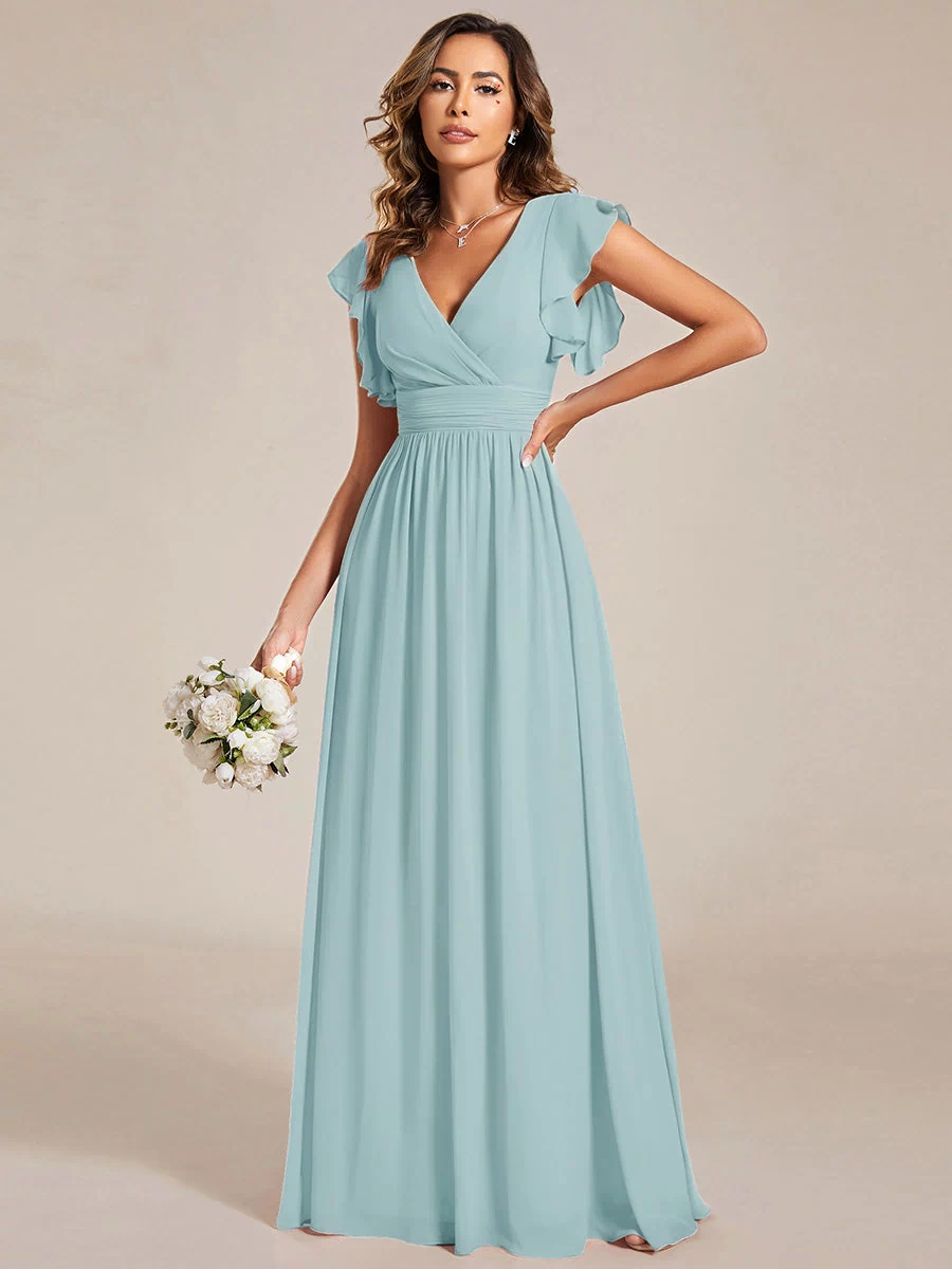 Back Cutout A-Line Pleated Ruffles Sleeve Chiffon Bridesmaid Dress #color_Sky Blue