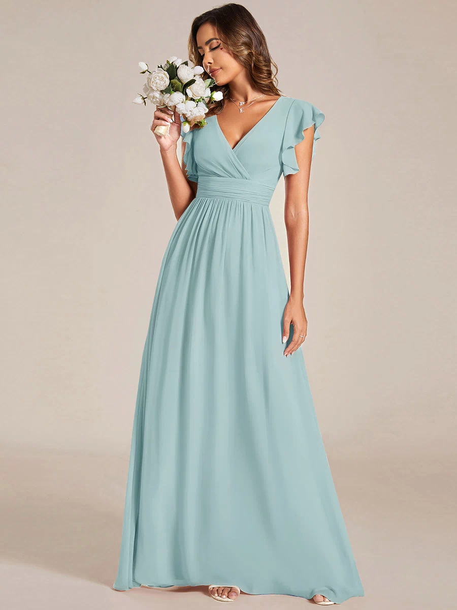Back Cutout A-Line Pleated Ruffles Sleeve Chiffon Bridesmaid Dress #color_Sky Blue