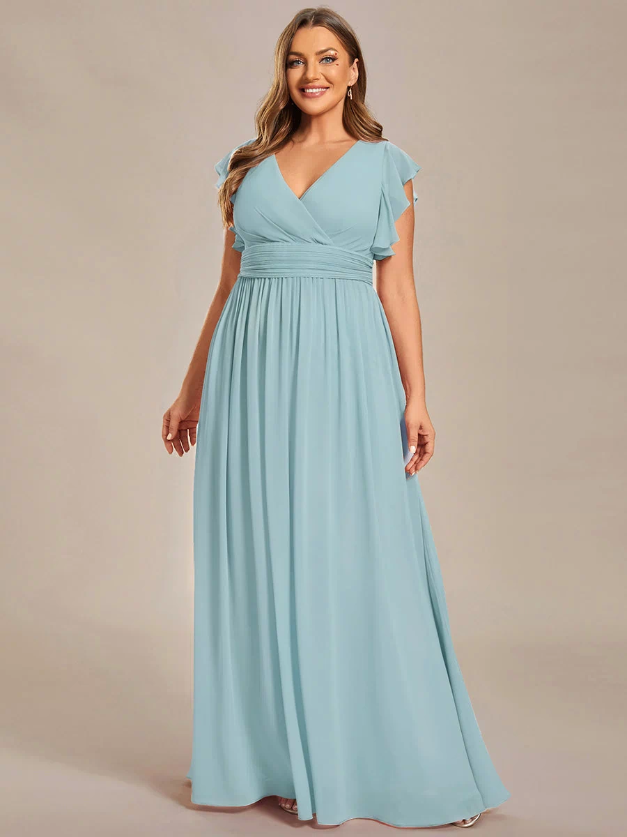 Back Cutout A-Line Pleated Ruffles Sleeve Chiffon Bridesmaid Dress #color_Sky Blue