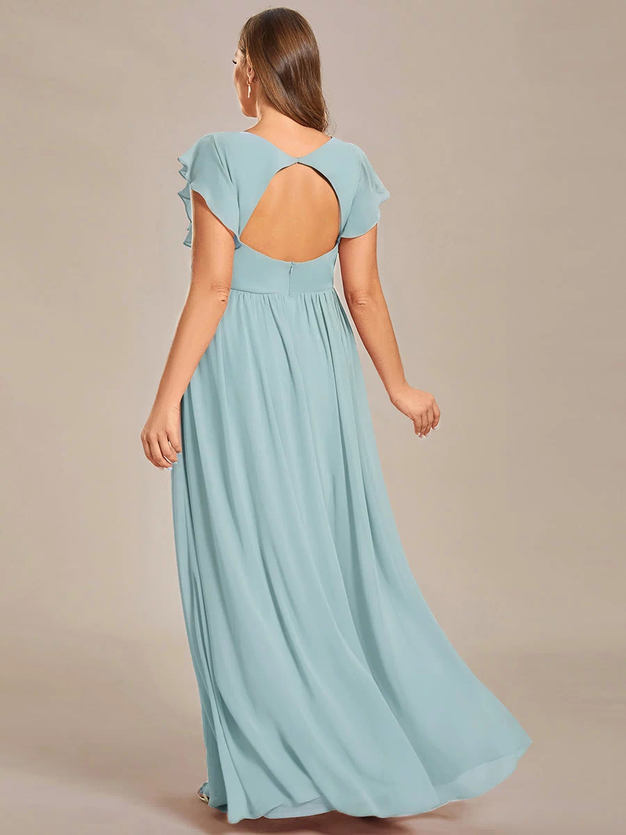 Back Cutout A-Line Pleated Ruffles Sleeve Chiffon Bridesmaid Dress #color_Sky Blue