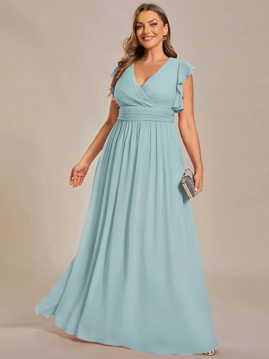 Back Cutout A-Line Pleated Ruffles Sleeve Chiffon Bridesmaid Dress #color_Sky Blue