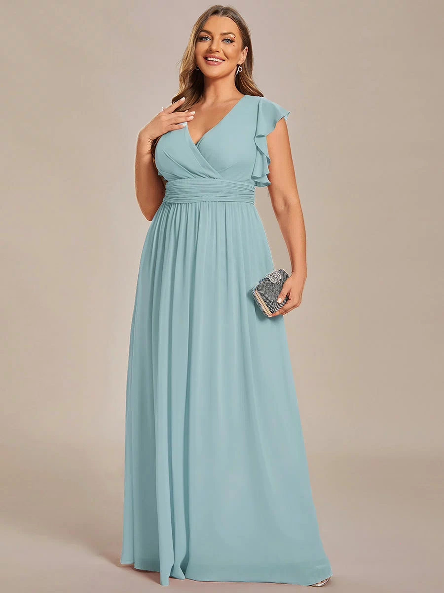 Back Cutout A-Line Pleated Ruffles Sleeve Chiffon Bridesmaid Dress #color_Sky Blue
