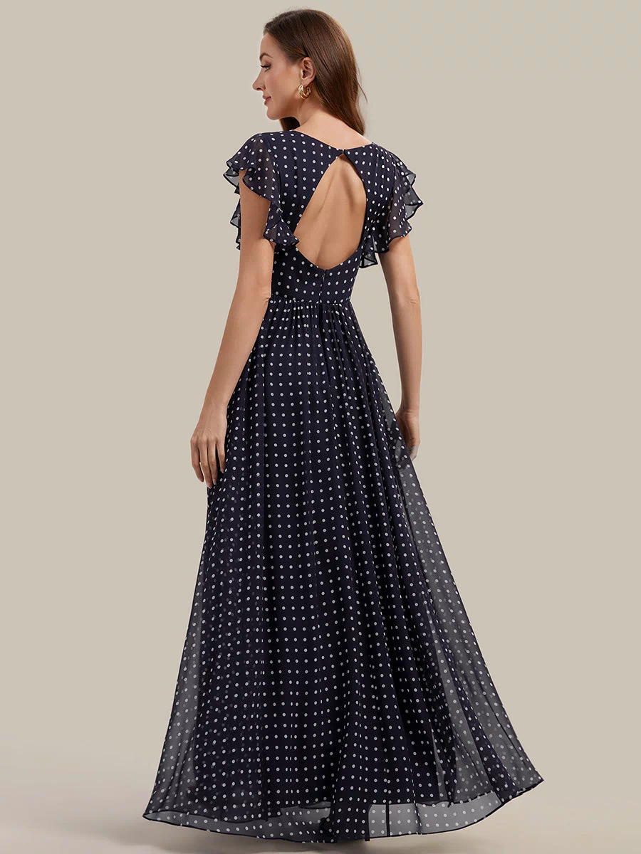 Back Cutout A-Line Pleated Ruffles Sleeve Chiffon Bridesmaid Dress #color_Navy Blue Polka Dots