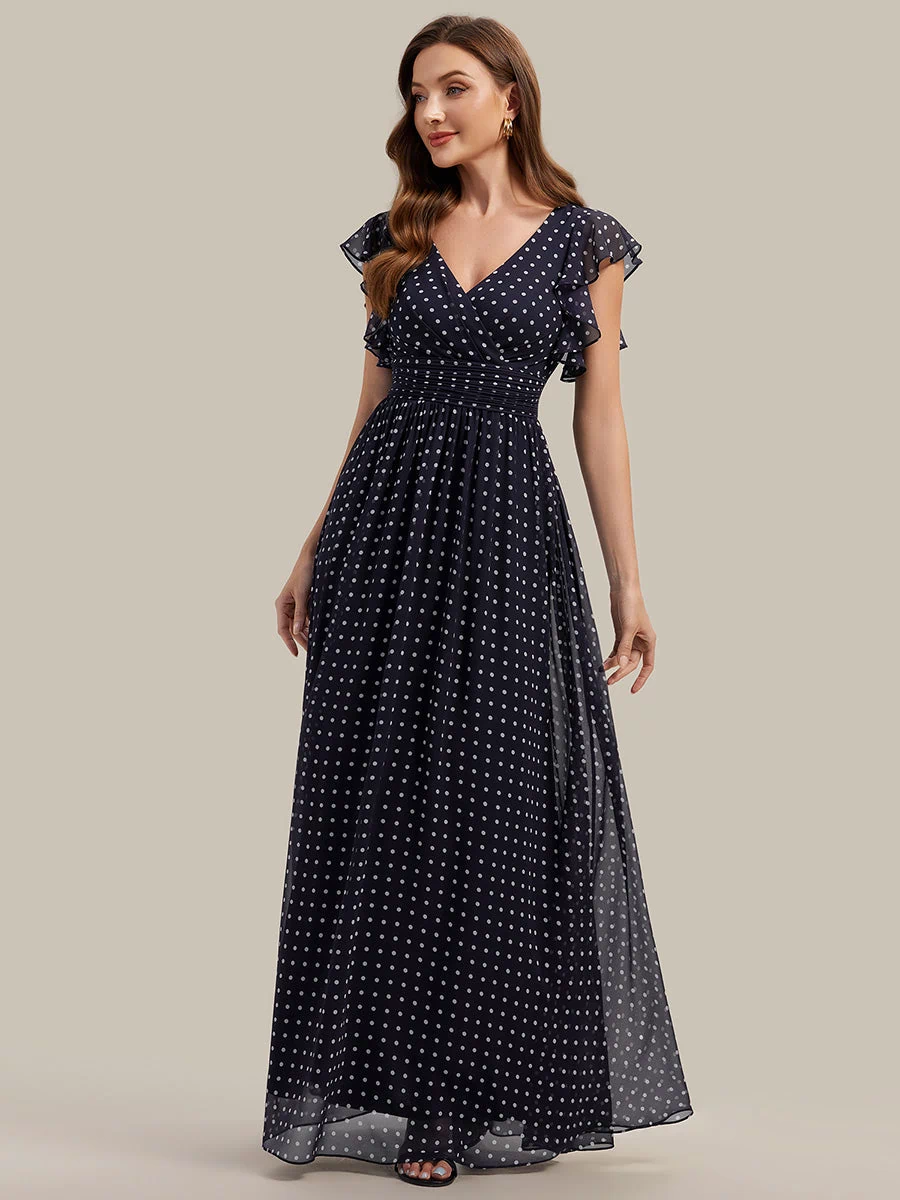 Back Cutout A-Line Pleated Ruffles Sleeve Chiffon Bridesmaid Dress #color_Navy Blue Polka Dots
