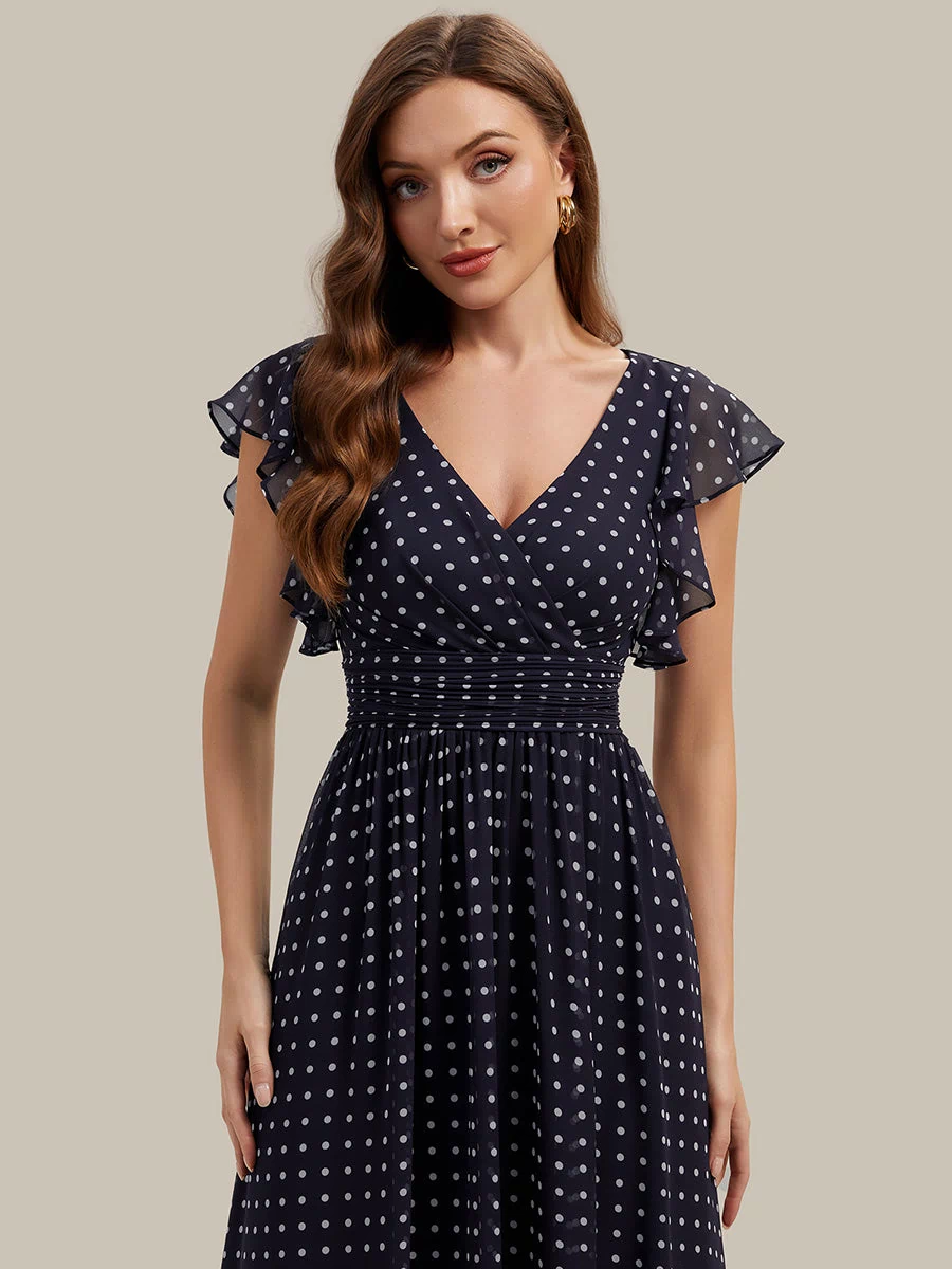 Back Cutout A-Line Pleated Ruffles Sleeve Chiffon Bridesmaid Dress #color_Navy Blue Polka Dots