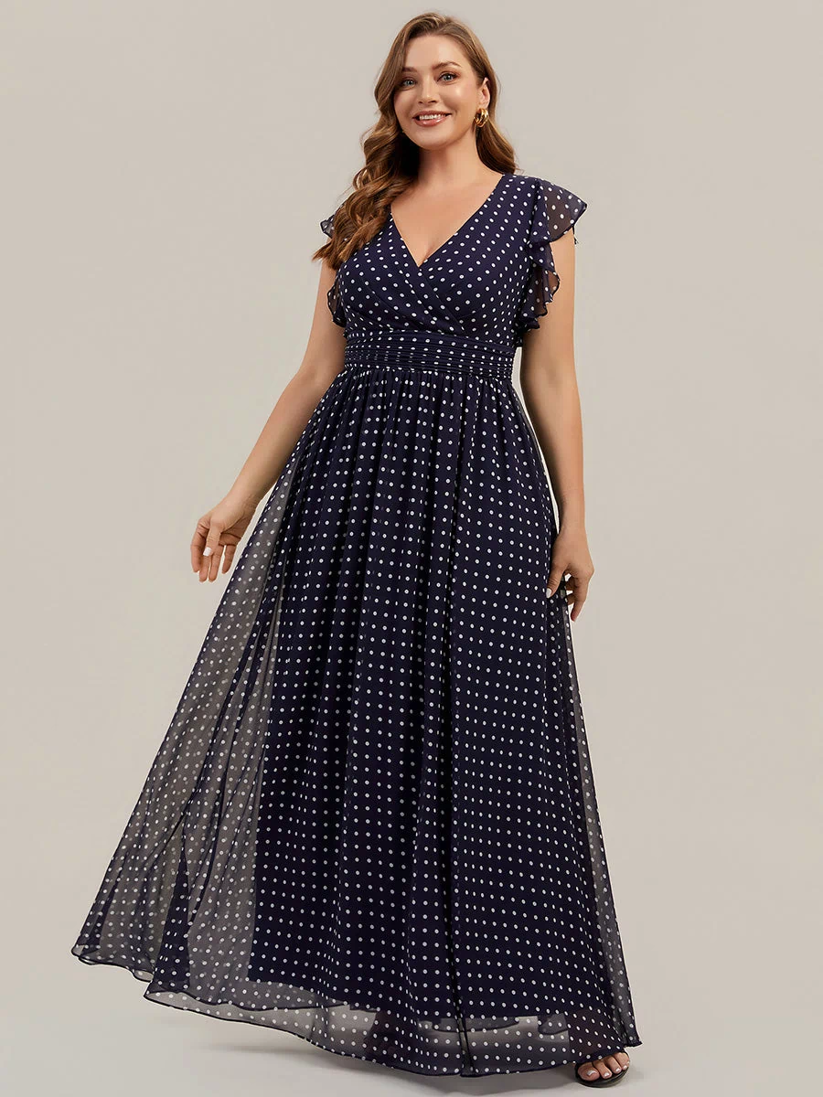 Back Cutout A-Line Pleated Ruffles Sleeve Chiffon Bridesmaid Dress #color_Navy Blue Polka Dots