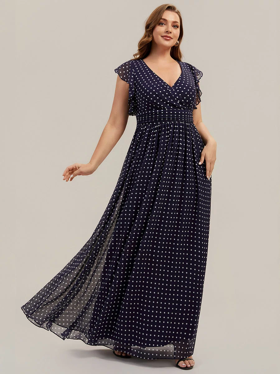 Back Cutout A-Line Pleated Ruffles Sleeve Chiffon Bridesmaid Dress #color_Navy Blue Polka Dots