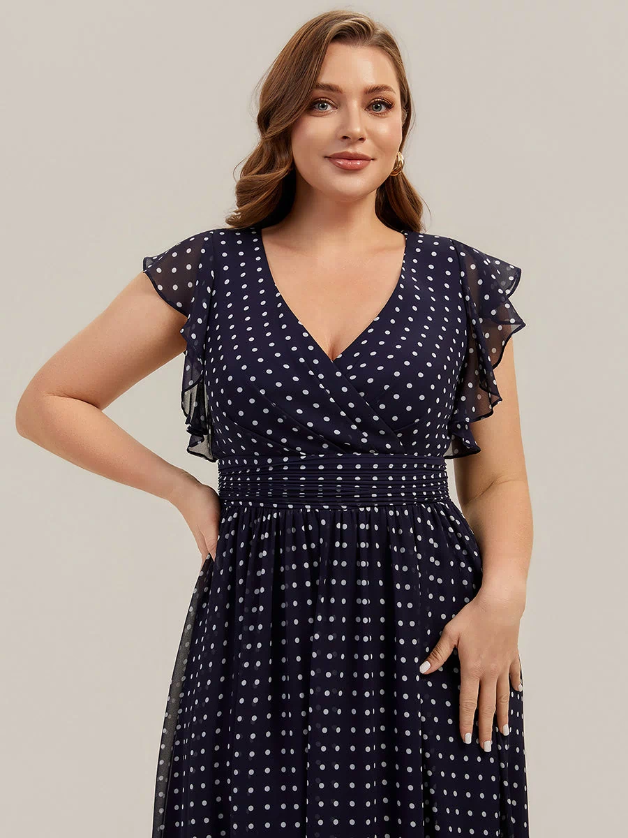 Back Cutout A-Line Pleated Ruffles Sleeve Chiffon Bridesmaid Dress #color_Navy Blue Polka Dots