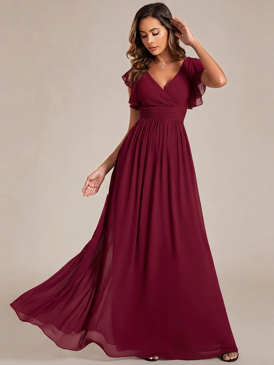 Back Cutout A-Line Pleated Ruffles Sleeve Chiffon Bridesmaid Dress #color_Burgundy