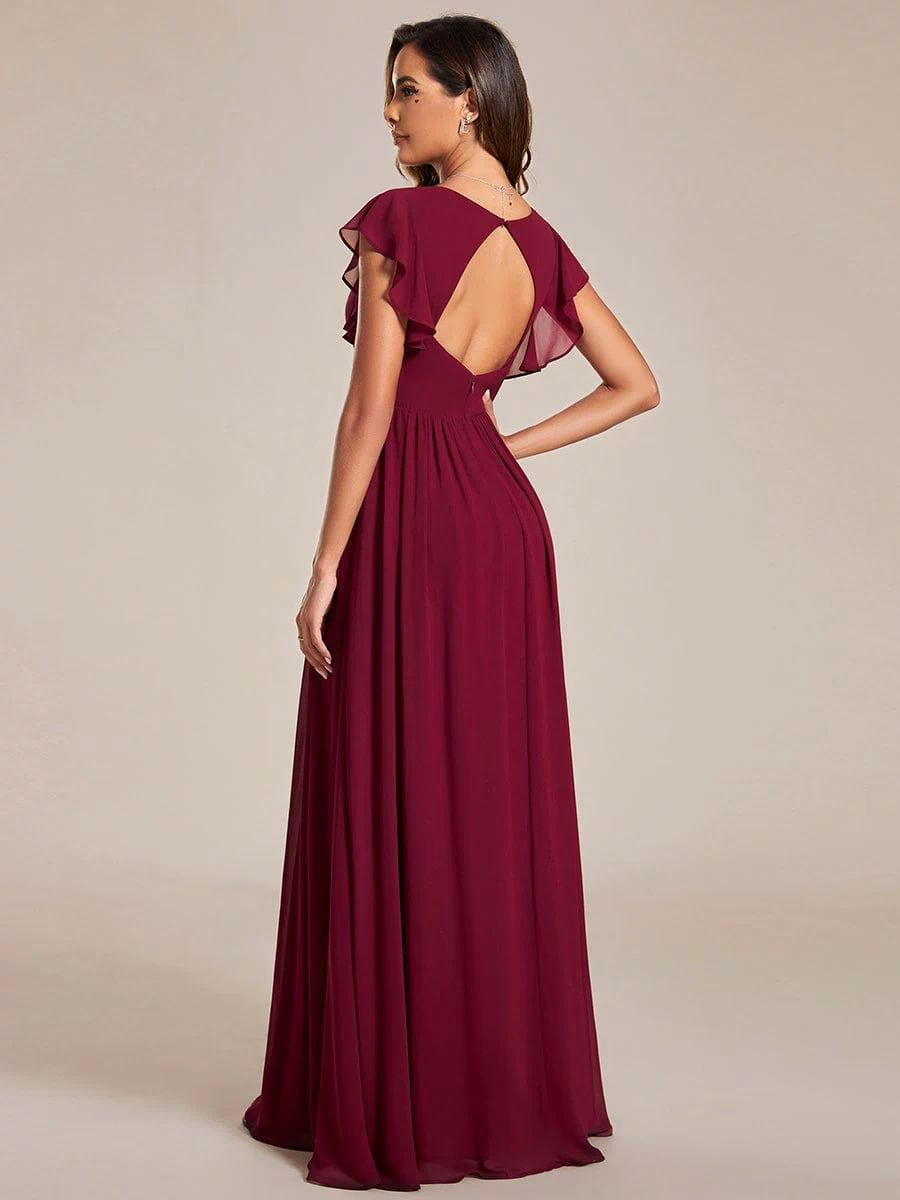 Back Cutout A-Line Pleated Ruffles Sleeve Chiffon Bridesmaid Dress #color_Burgundy