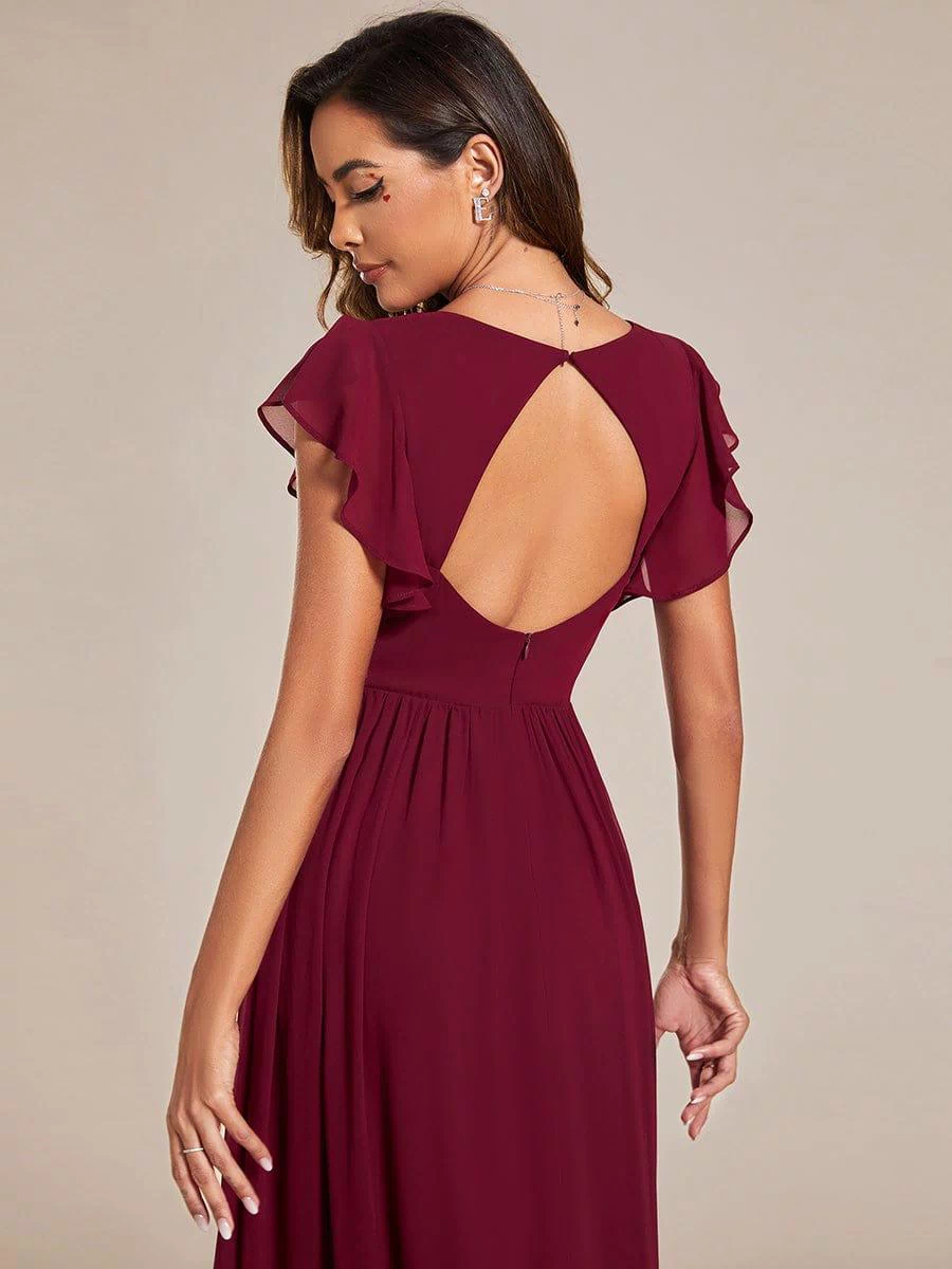 Back Cutout A-Line Pleated Ruffles Sleeve Chiffon Bridesmaid Dress #color_Burgundy