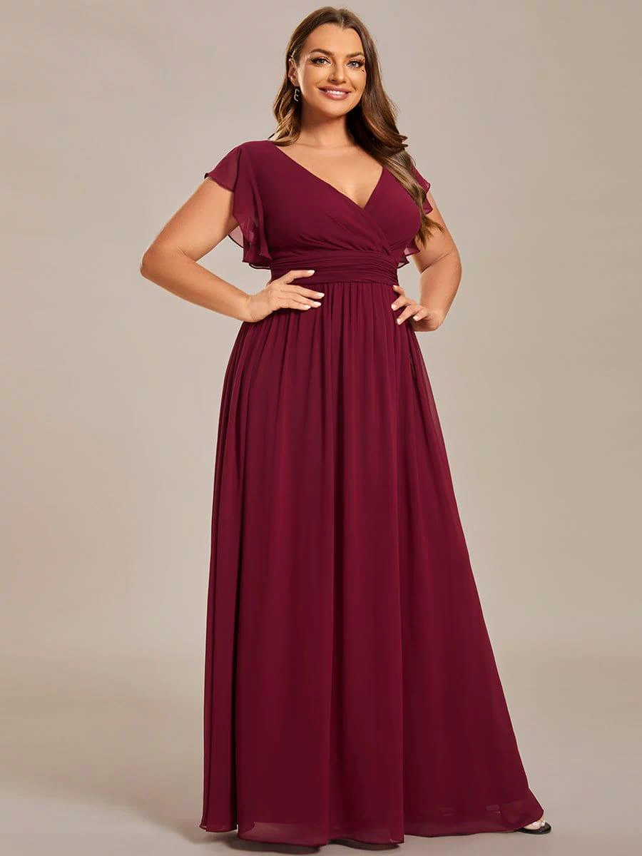 Back Cutout A-Line Pleated Ruffles Sleeve Chiffon Bridesmaid Dress #color_Burgundy