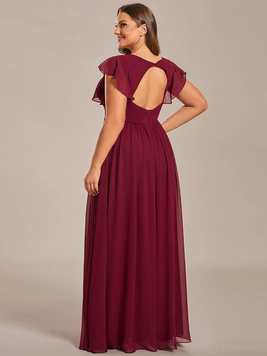 Back Cutout A-Line Pleated Ruffles Sleeve Chiffon Bridesmaid Dress #color_Burgundy