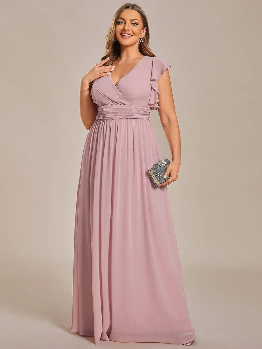 Back Cutout A-Line Pleated Ruffles Sleeve Chiffon Bridesmaid Dress #color_Dusty Rose
