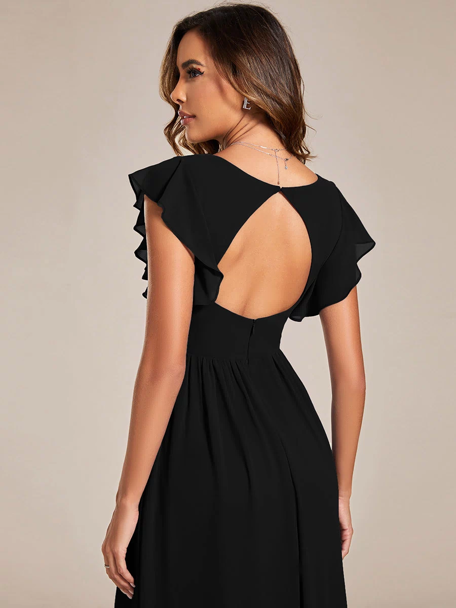 Back Cutout A-Line Pleated Ruffles Sleeve Chiffon Bridesmaid Dress #color_Black