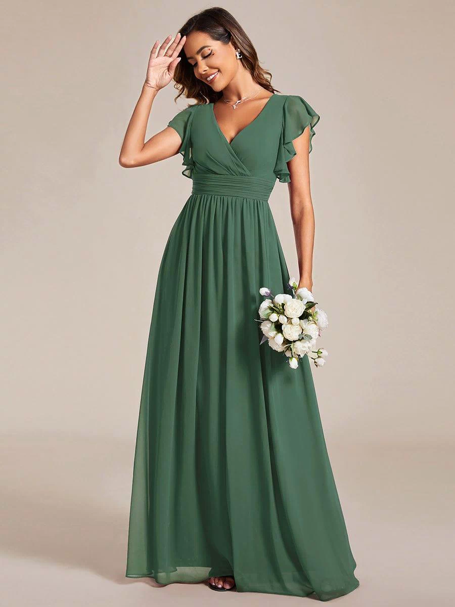 Back Cutout A-Line Pleated Ruffles Sleeve Chiffon Bridesmaid Dress #color_Eucalyptus