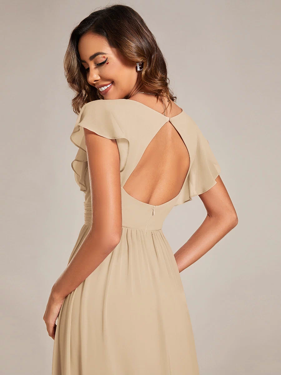 Back Cutout A-Line Pleated Ruffles Sleeve Chiffon Bridesmaid Dress #color_Champagne