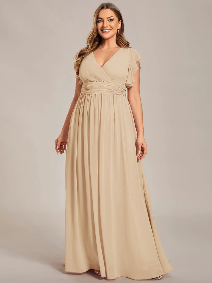 Back Cutout A-Line Pleated Ruffles Sleeve Chiffon Bridesmaid Dress #color_Champagne