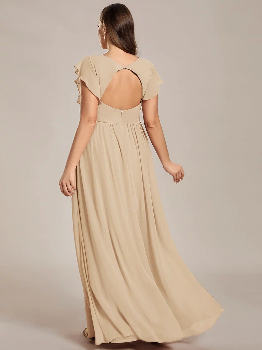 Back Cutout A-Line Pleated Ruffles Sleeve Chiffon Bridesmaid Dress #color_Champagne