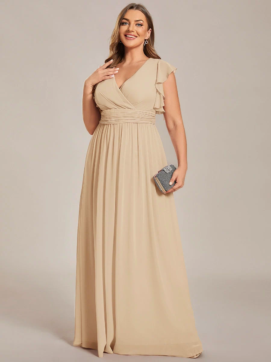 Back Cutout A-Line Pleated Ruffles Sleeve Chiffon Bridesmaid Dress #color_Champagne