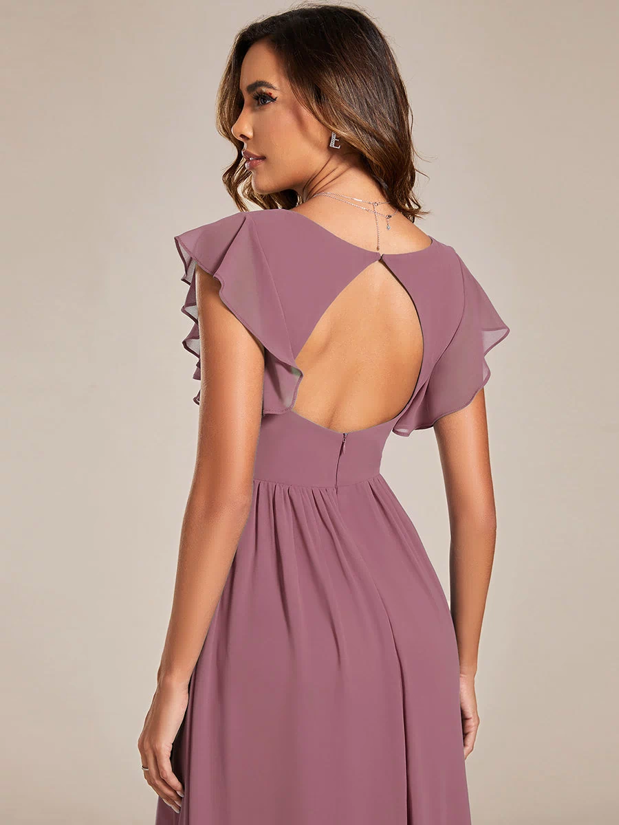 Back Cutout A-Line Pleated Ruffles Sleeve Chiffon Bridesmaid Dress #color_Purple Orchid