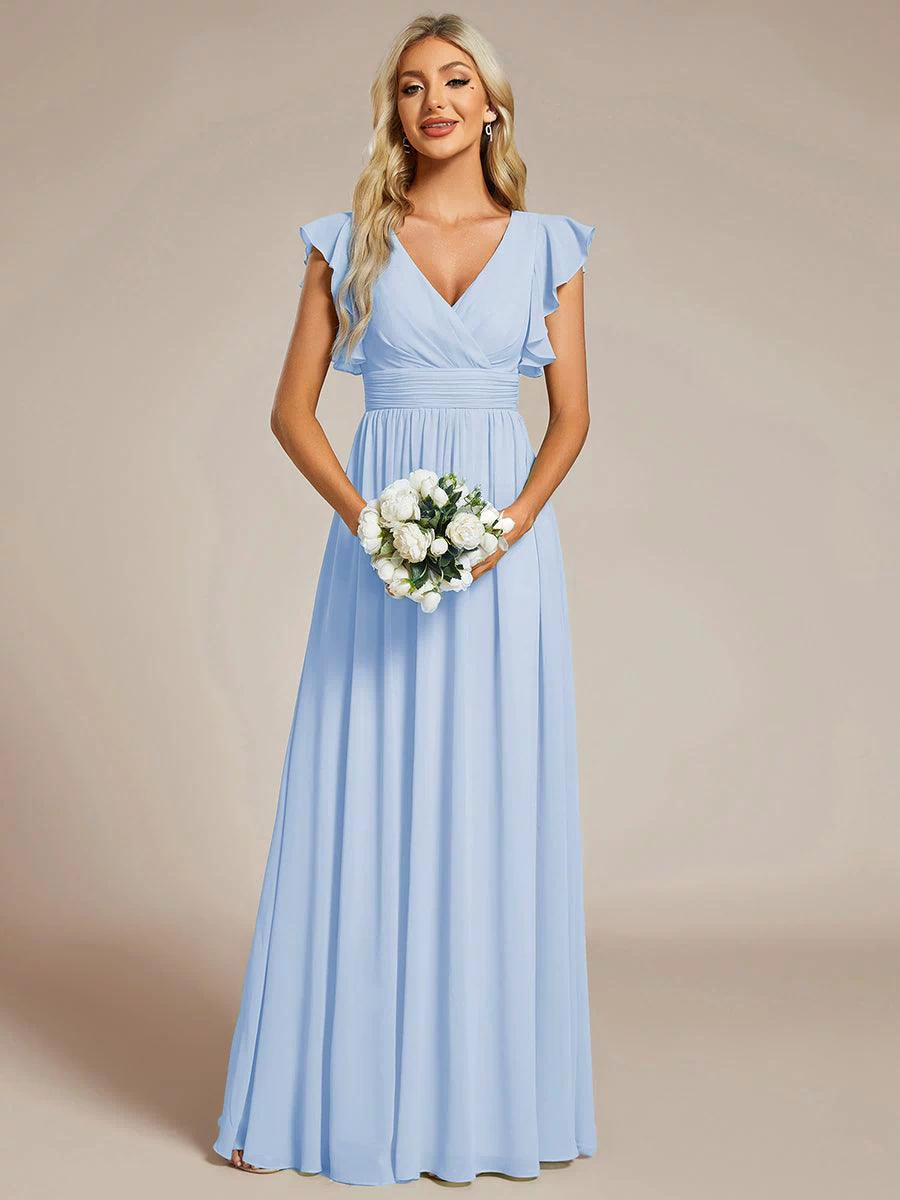 Back Cutout A-Line Pleated Ruffles Sleeve Chiffon Bridesmaid Dress #color_Ice Blue