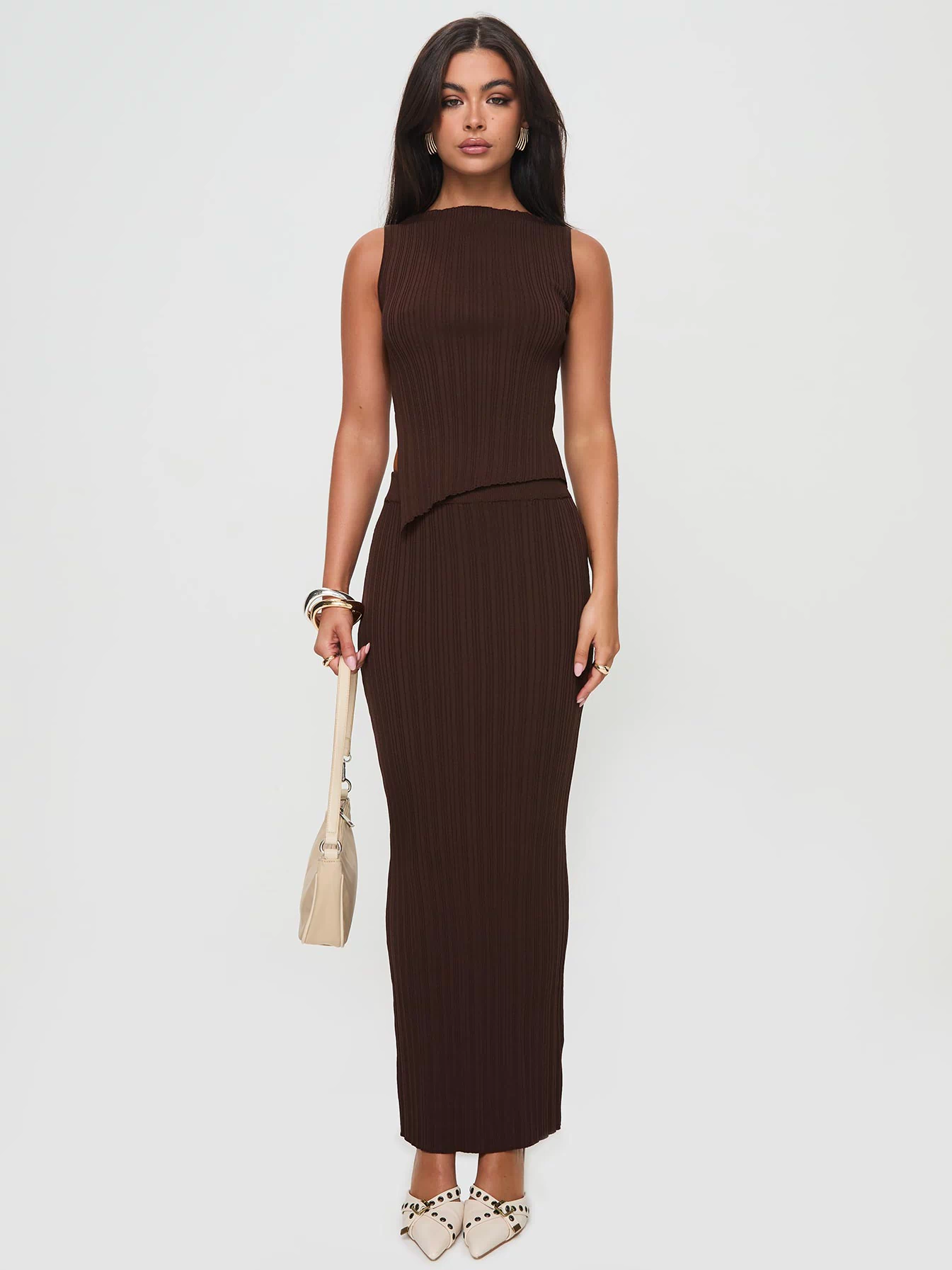 Matching set Ribbed material, high neckline, asymmetric hem, elasticated waist Good stretch, unlined