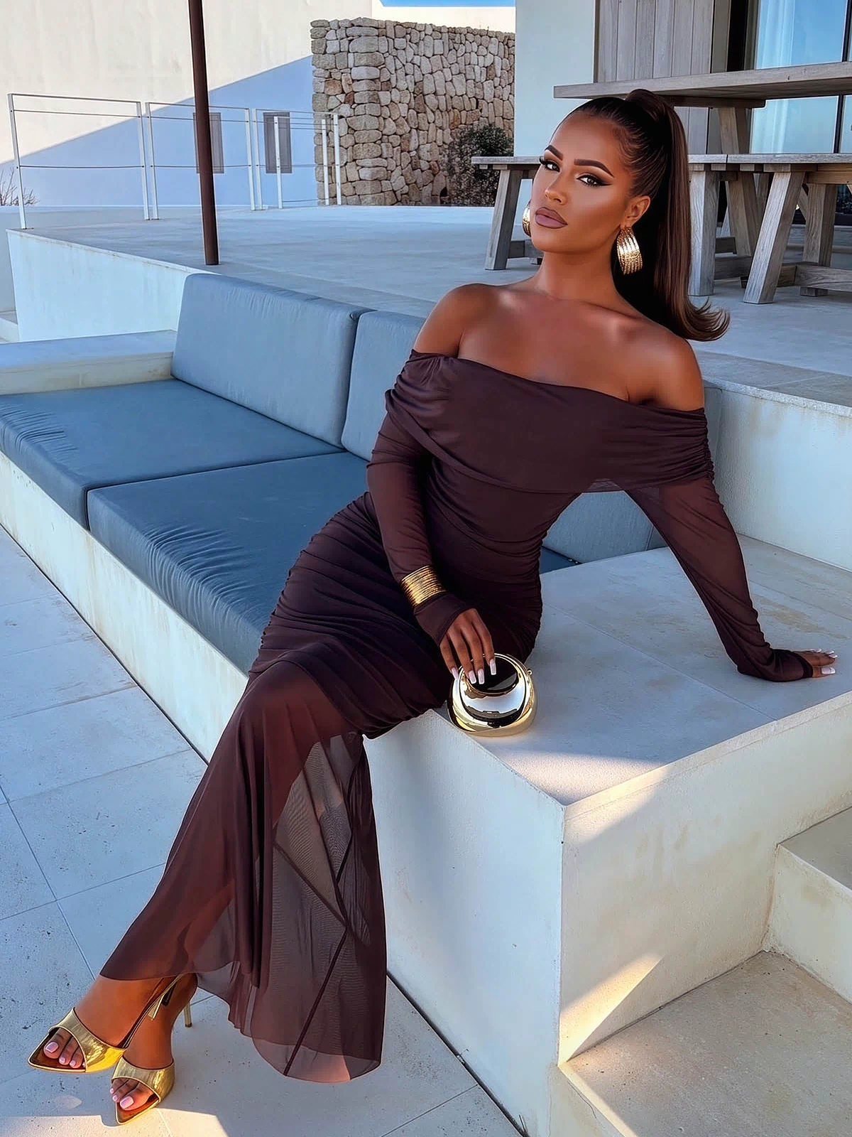 Bella Forever Chocolate Brown Mesh Bardot Mini Maxi Dress