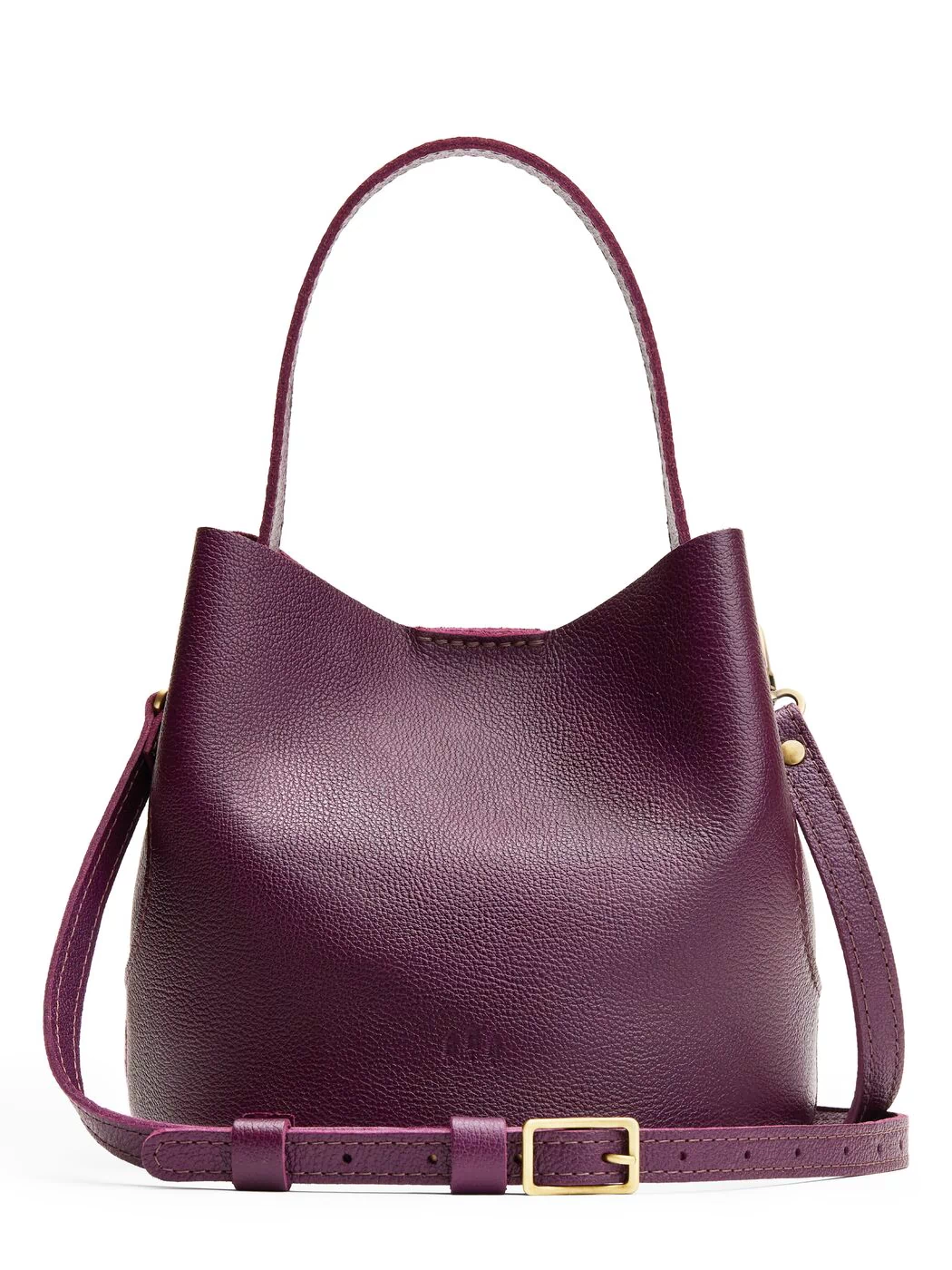Plum*Small | Symmetrical bucket bag with handle, latch closure, and removable crossbody strap
