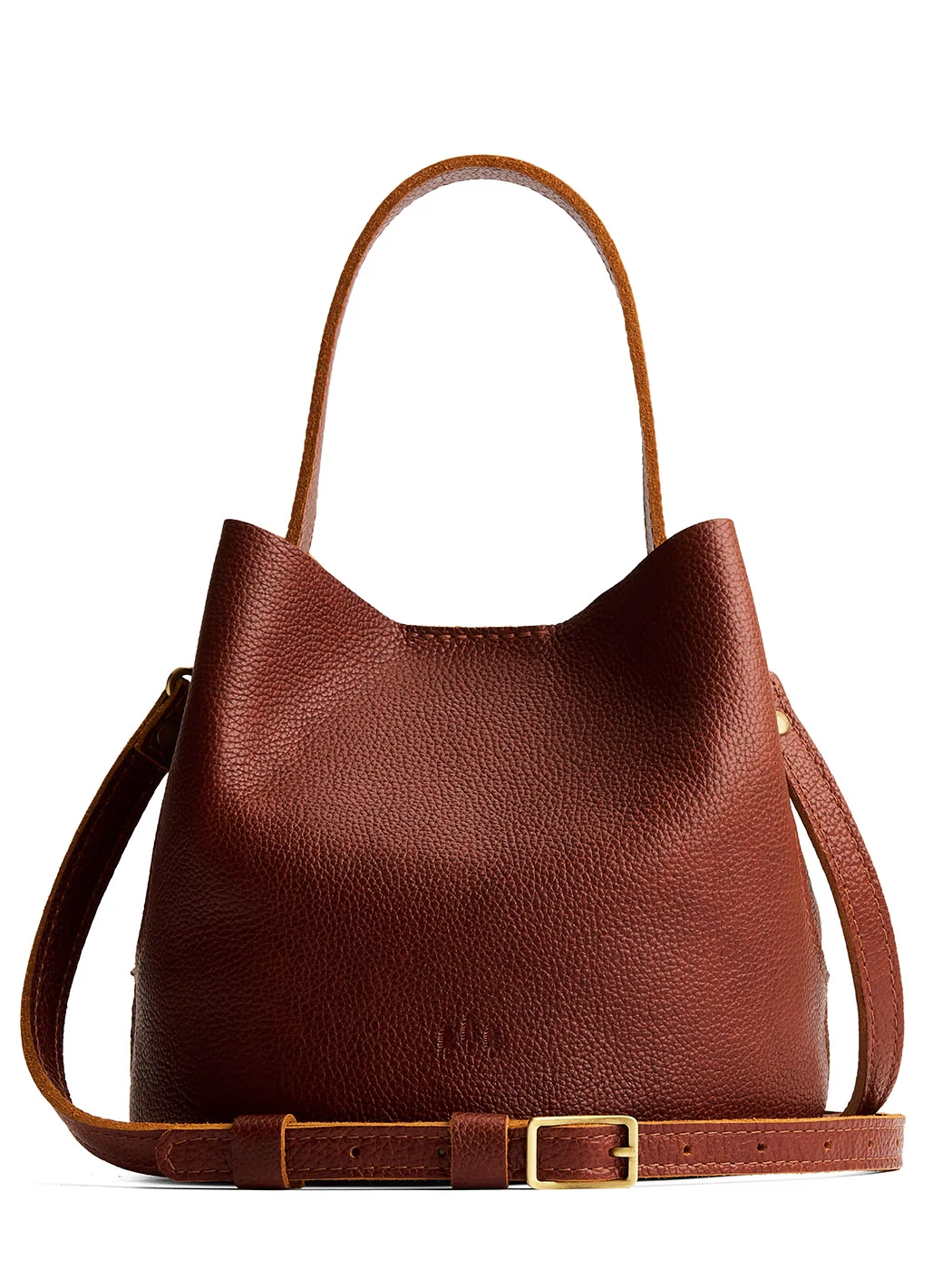 Nutmeg*Small | Symmetrical bucket bag with handle, latch closure, and removable crossbody strap