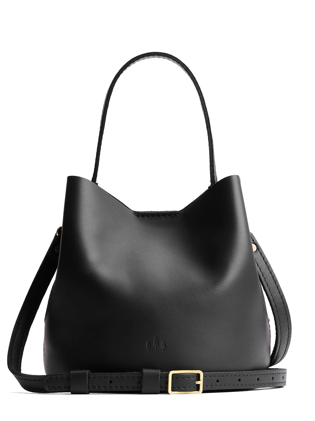 Black*Small | Symmetrical bucket bag with handle, latch closure, and removable crossbody strap