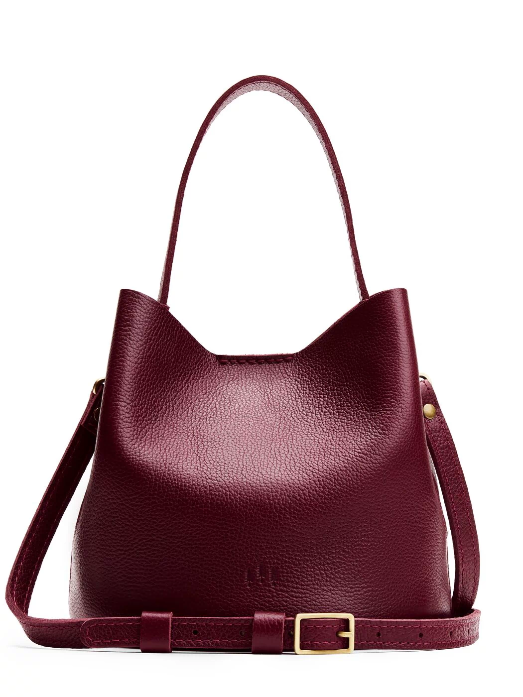 Cabernet*Small | Symmetrical bucket bag with handle, latch closure, and removable crossbody strap