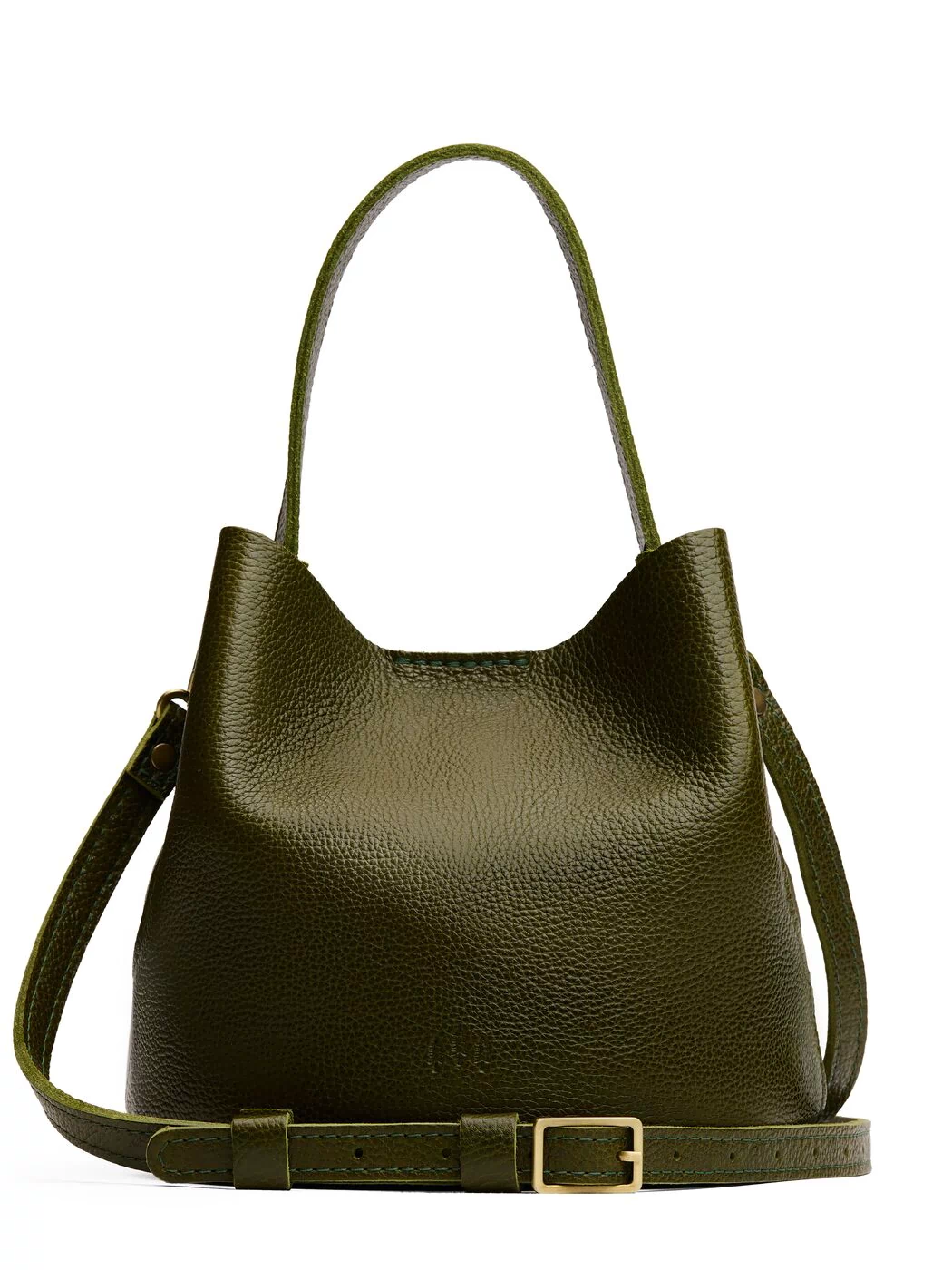 Pebbled Olive*Small | Symmetrical bucket bag with handle, latch closure, and removable crossbody strap