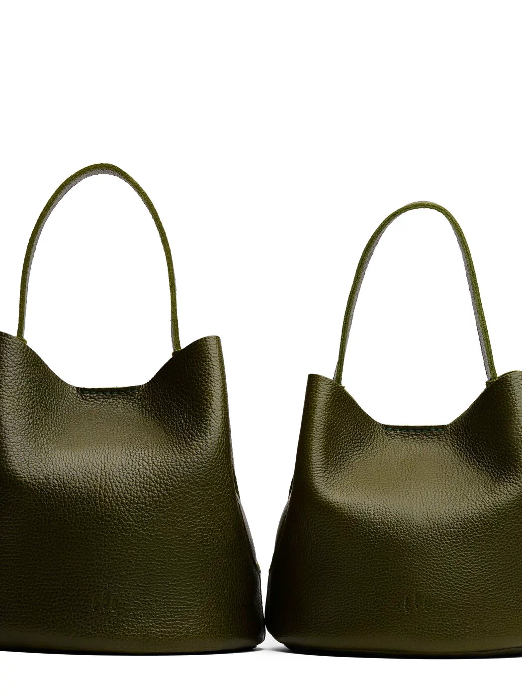 Pebbled Olive | Size comparison image of two symmetrical leather bucket bags